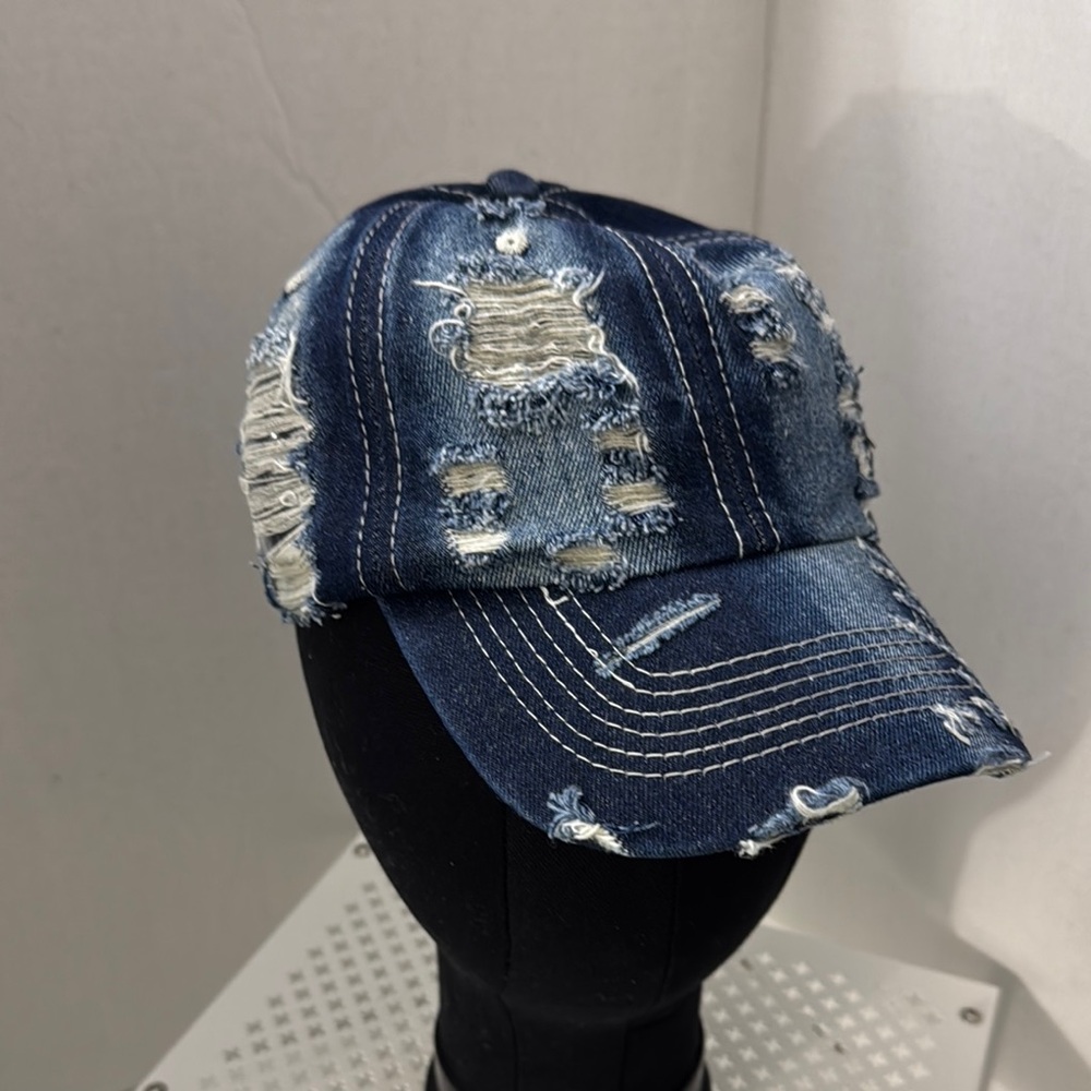 Distressed Denim Cap Adjustable Buckle Closure 100% Cotton